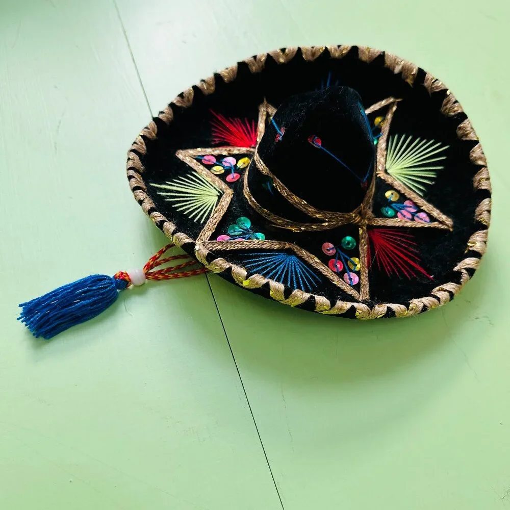 Vintage Mini Sombrero Black Velvet Mexican Hat Sequins Fiesta Decor 8